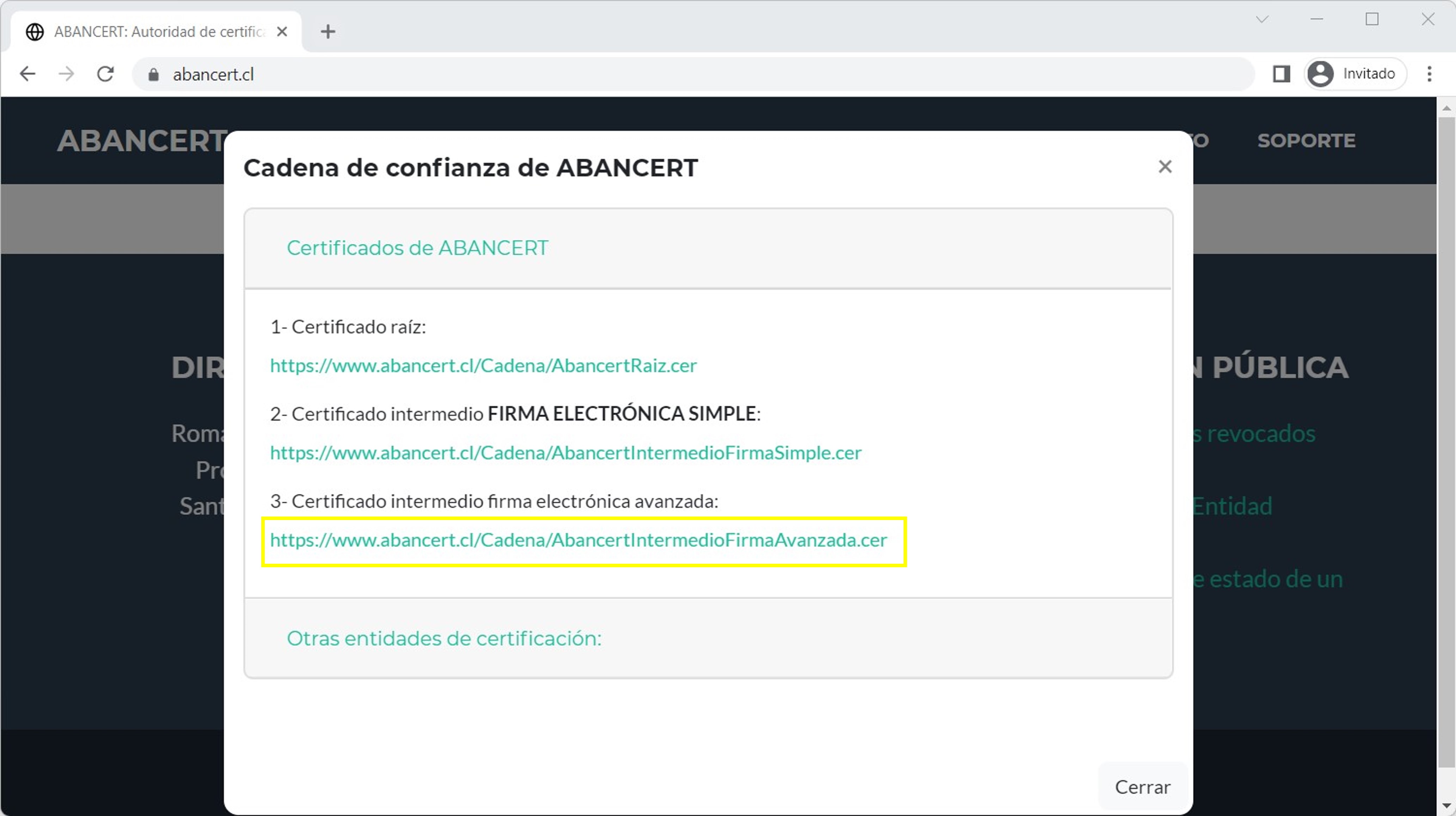 2. Ahora haga clic sobre el link de la alternativa "Certificado intermedio firma electrónica avanzada" y descargue el archivo.
