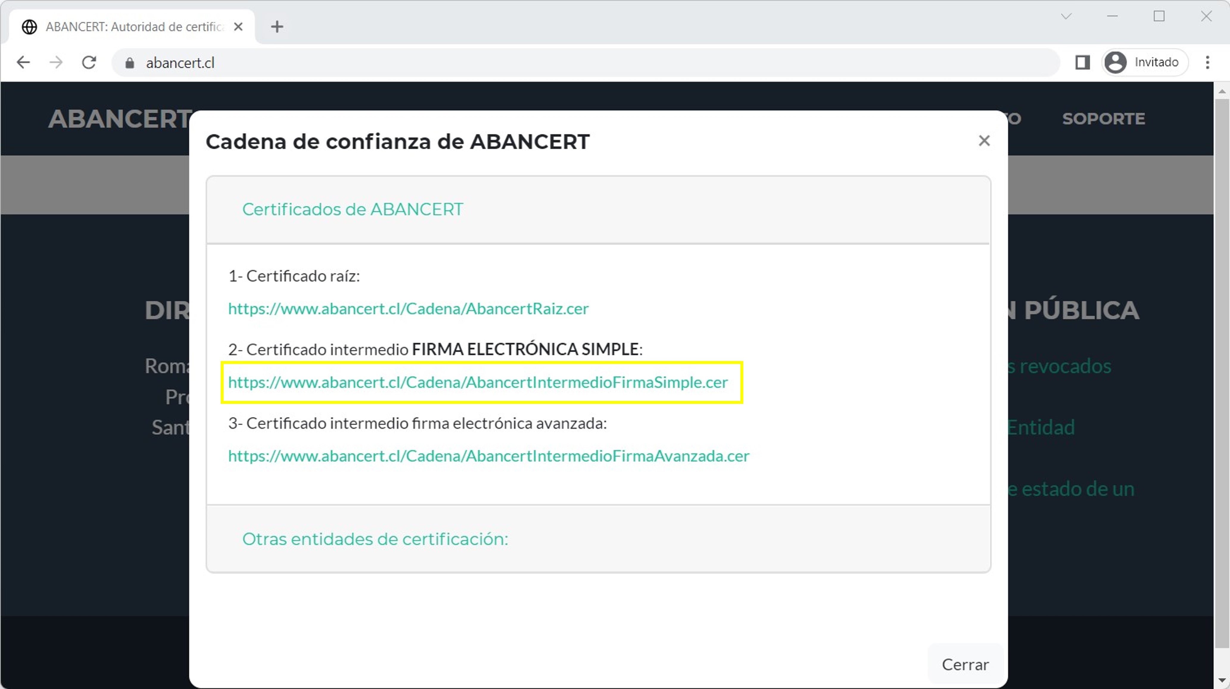 2. Ahora haga clic sobre el link de la alternativa "Certificado intermedio firma electrónica simple" y descargue el archivo.
