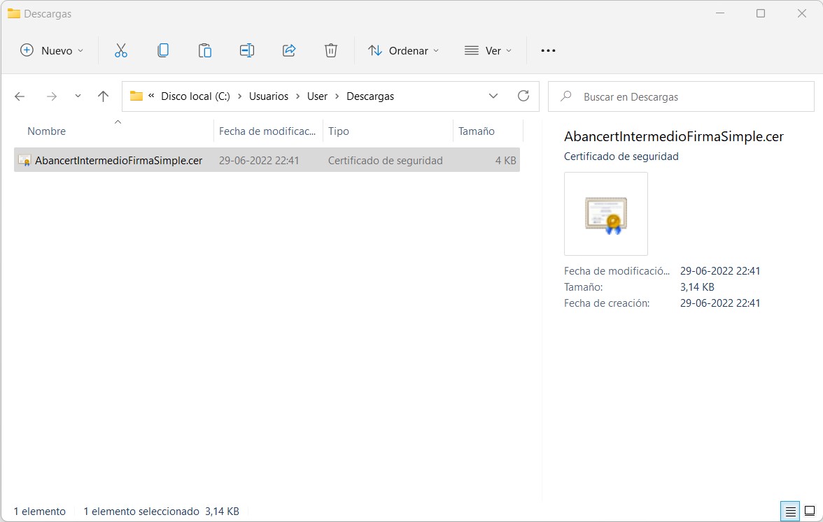 3. Diríjase a la carpeta de descargas y haga dos clic sobre el archivo "AbancertIntermedioFirmaSimple.cer" para instalar en su equipo.