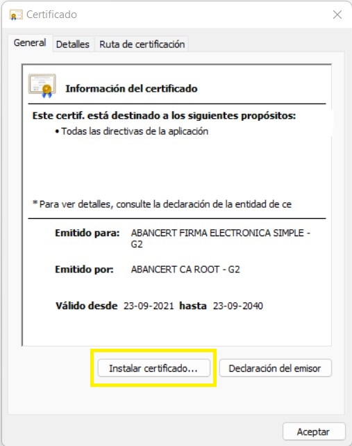 5. En esta nueva ventana haga clic en el botón "Instalar certificado...".