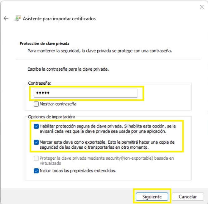 4. Ingrese la clave que usted asignó al certificado en la descarga desde el sitio de ABANCERT.