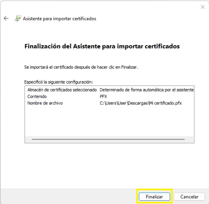 6. Finalice el asistente presionando el botón "Finalizar".