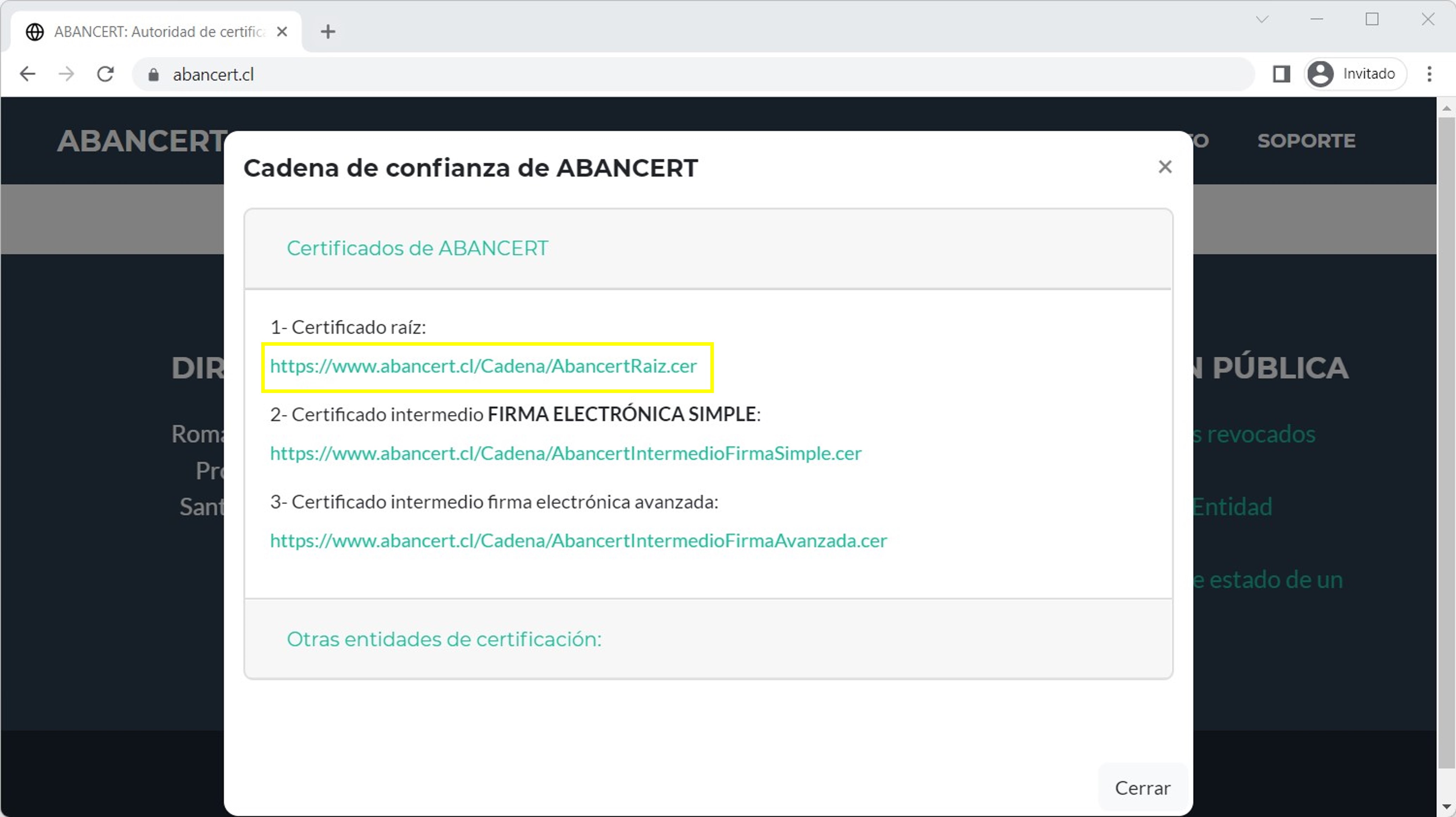 2. Ahora haga clic sobre el link de la alternativa "Certificado raíz" y descargue el archivo.