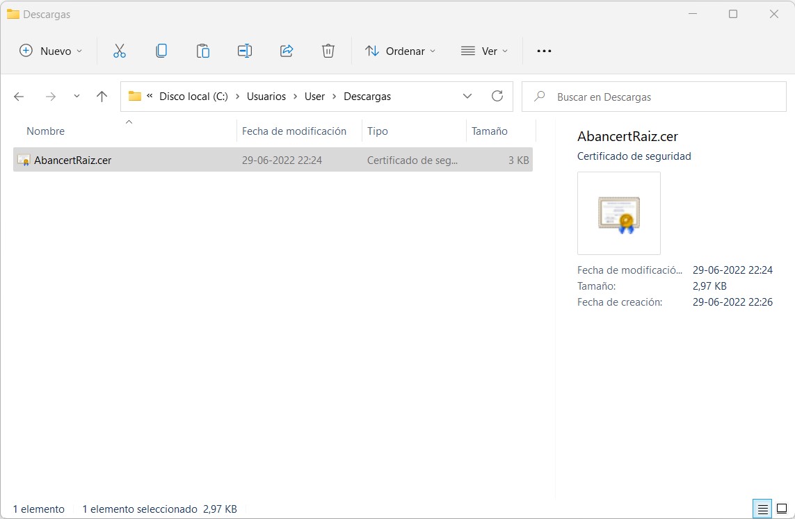 3. Diríjase a la carpeta de descargas y haga dos clic sobre el archivo "AbancertRaiz.cer" para instalar en su equipo.