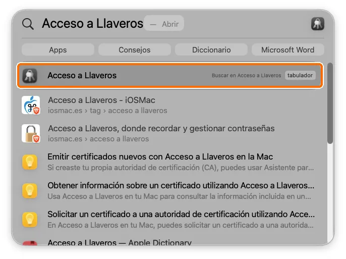Búsqueda de Spotlight en macOS con la app Acceso a Llaveros como primer resultado