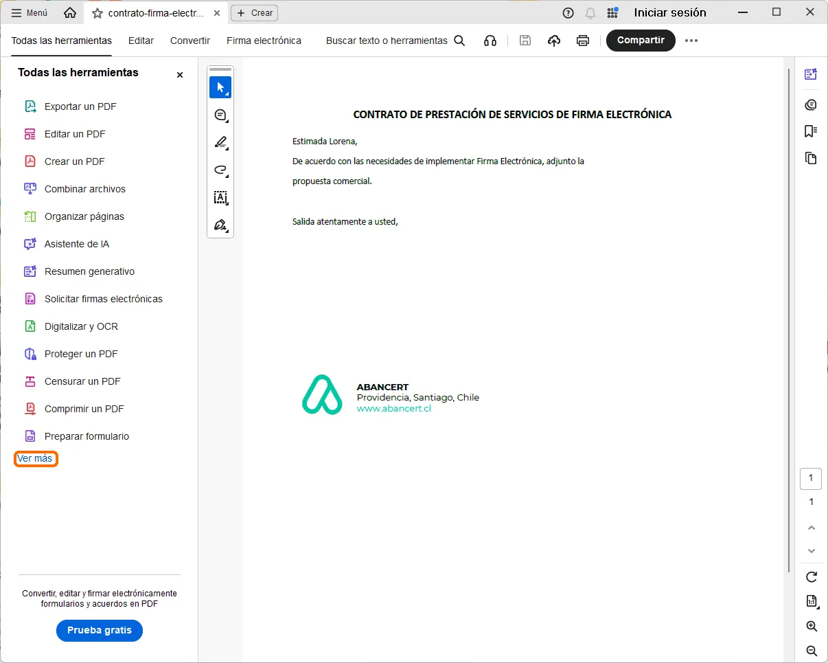 Adobe Acrobat Reader con el panel «Todas las herramientas» y la opción «Ver más» al final de la lista