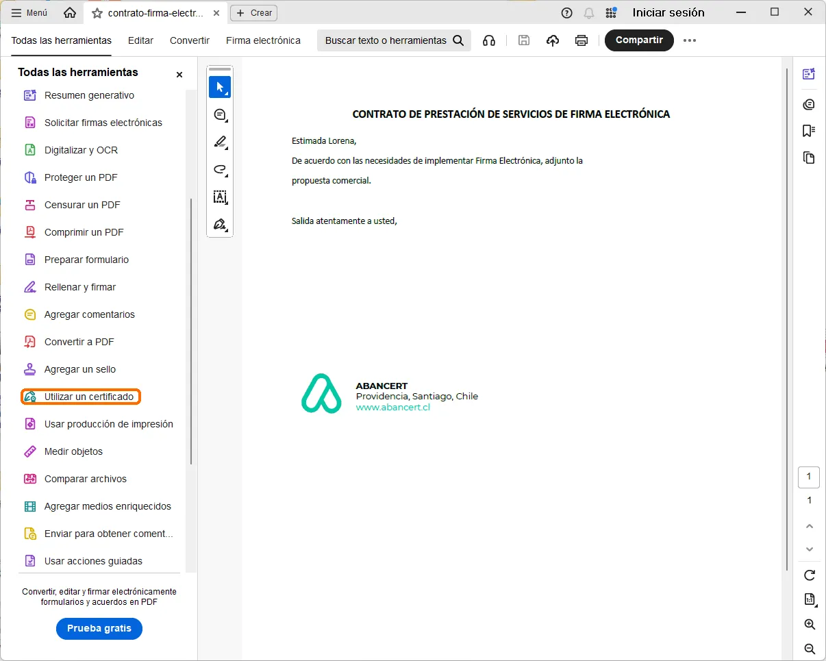 Lista ampliada de herramientas de Adobe con la opción «Utilizar un certificado»