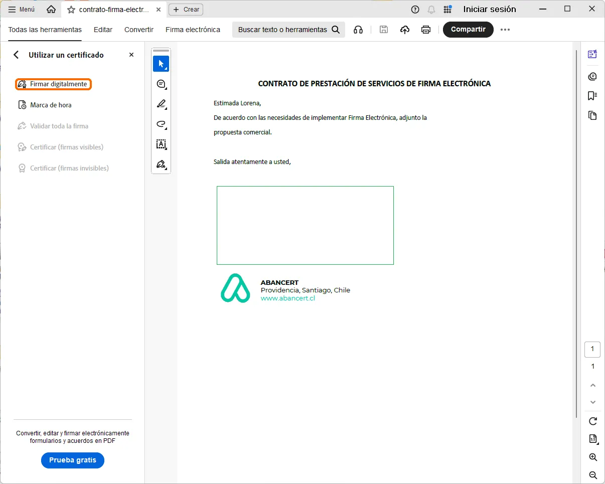 Panel «Utilizar un certificado» con «Firmar digitalmente» y el recuadro de la firma dibujado sobre el documento