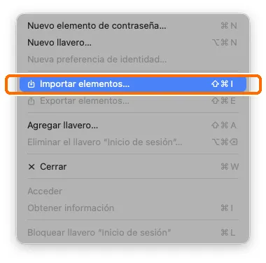 Menú Archivo de Acceso a Llaveros con la opción «Importar elementos…» resaltada