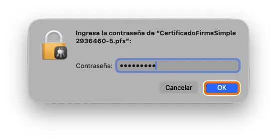 Diálogo de macOS solicitando la contraseña del archivo .pfx, con el botón OK resaltado