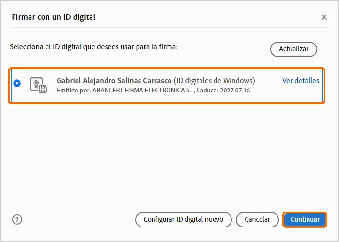 Ventana «Firmar con un ID digital» con el certificado seleccionado y el botón Continuar