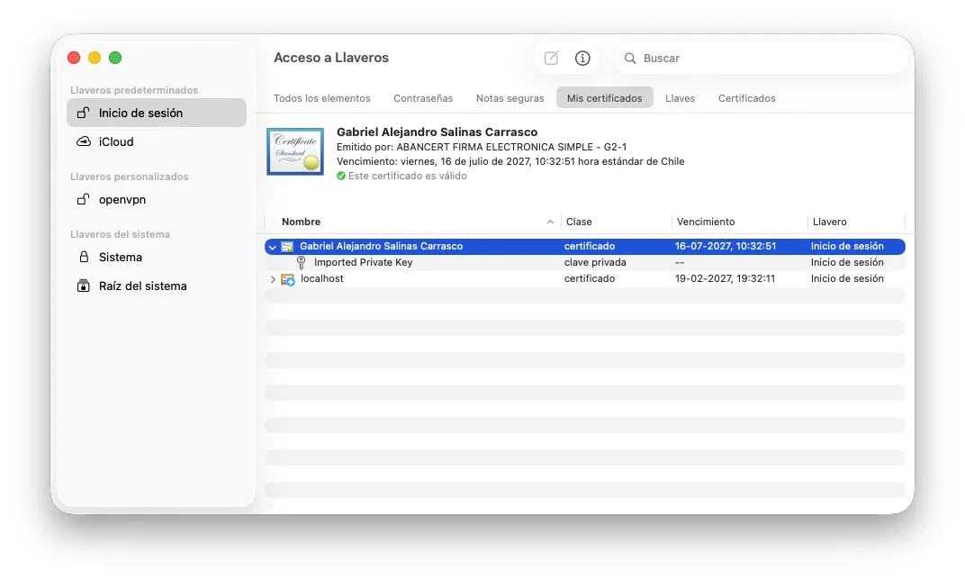 Acceso a Llaveros mostrando el certificado recién importado junto a su clave privada