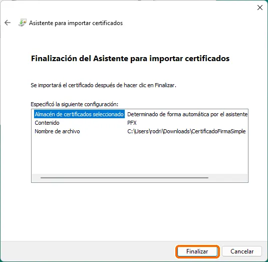 Pantalla de finalización del asistente para importar certificados
