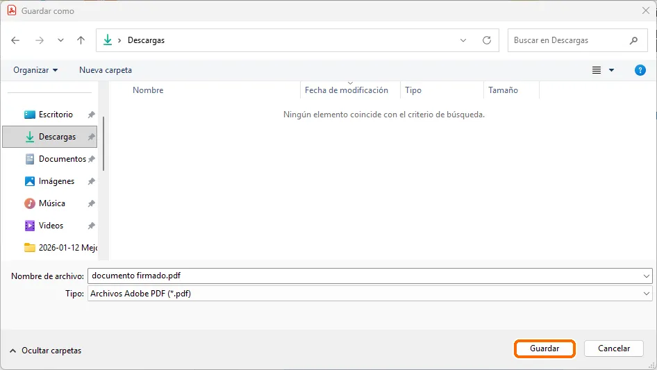 Diálogo Guardar como de Windows para guardar el documento firmado