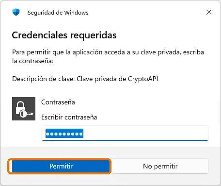 Ventana de Seguridad de Windows solicitando la contraseña del certificado