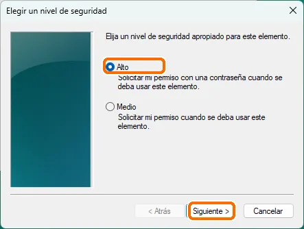 Ventana para elegir el nivel de seguridad, con la opción «Alto» seleccionada