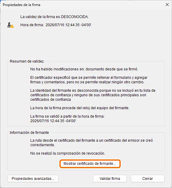 Propiedades de la firma con el botón «Mostrar certificado de firmante»