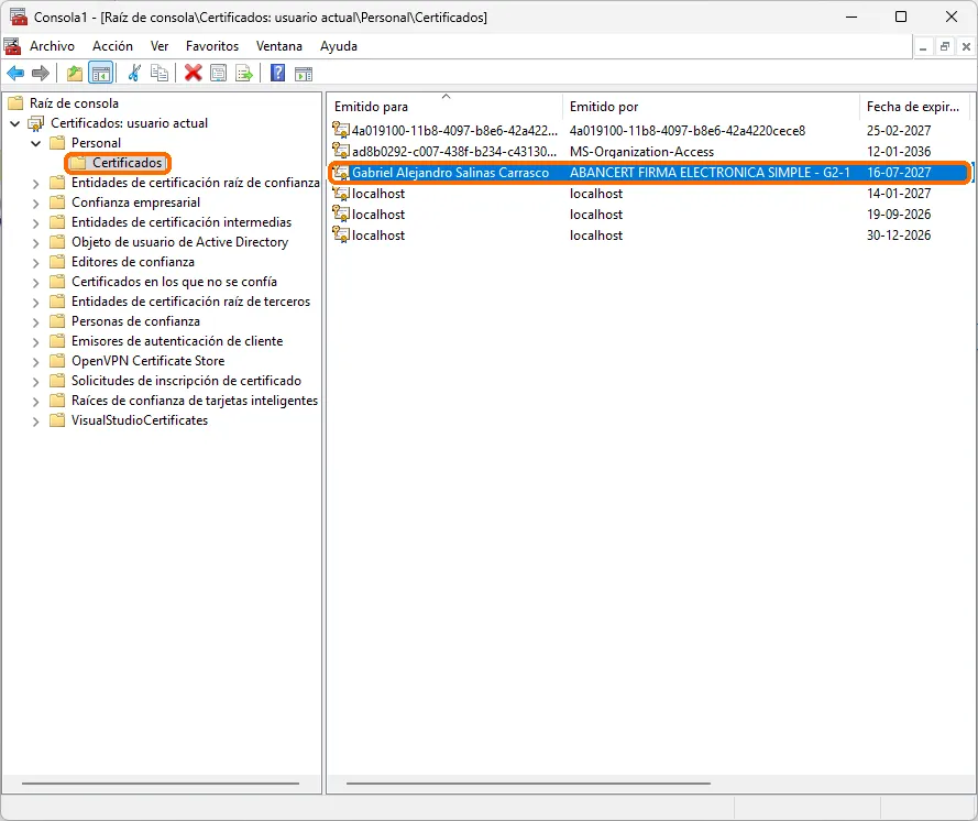 Administrador de certificados de Windows mostrando el certificado instalado en Personal → Certificados