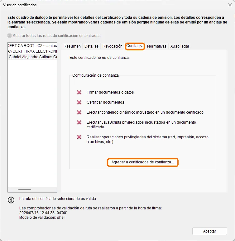 Visor de certificados en la pestaña Confianza, con el botón «Agregar a certificados de confianza»