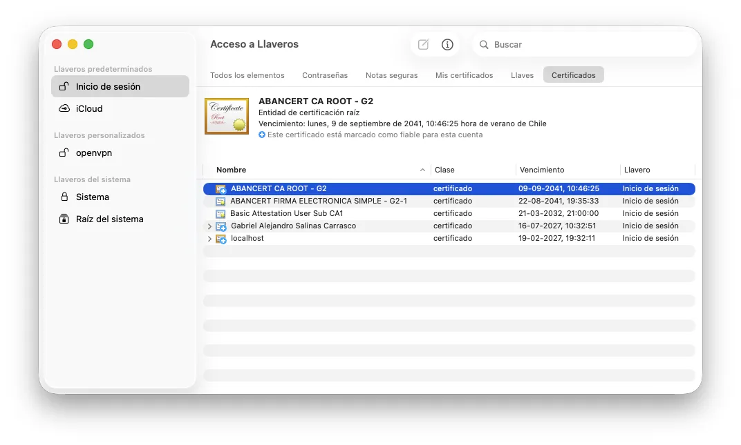 ABANCERT CA ROOT - G2 marcado como fiable para esta cuenta, sin el aviso en rojo