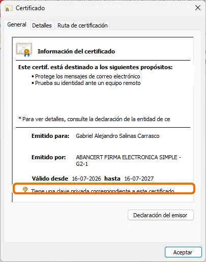 Pestaña General del certificado, indicando que tiene una clave privada correspondiente