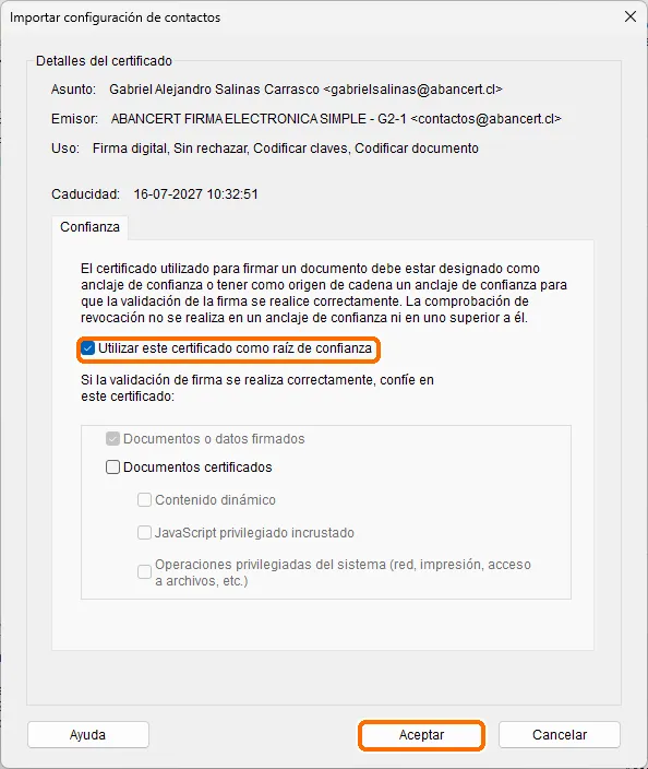 Ventana «Importar configuración de contactos» con la casilla «Utilizar este certificado como raíz de confianza» marcada