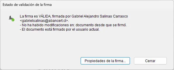 Estado de validación indicando que la firma es válida
