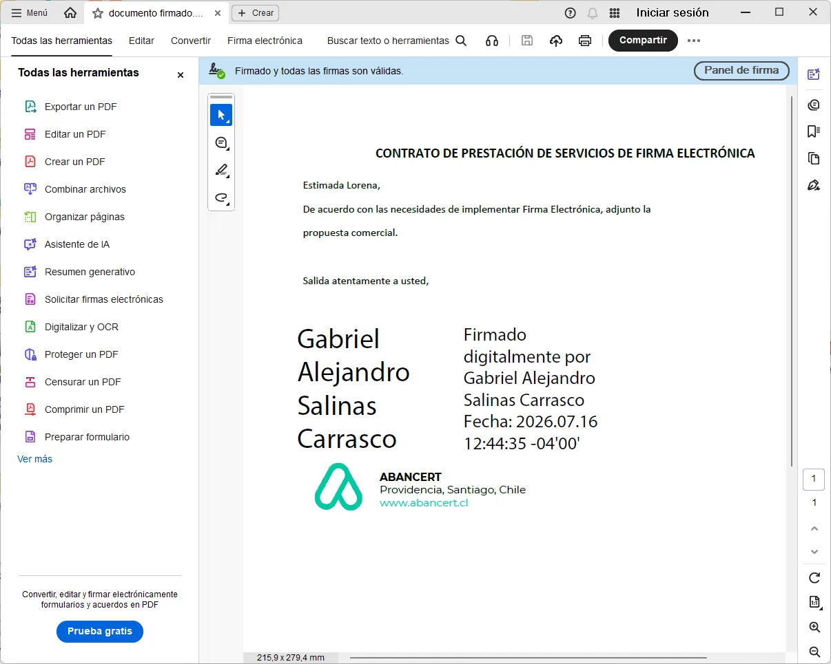 Documento con el aviso en verde «Firmado y todas las firmas son válidas»