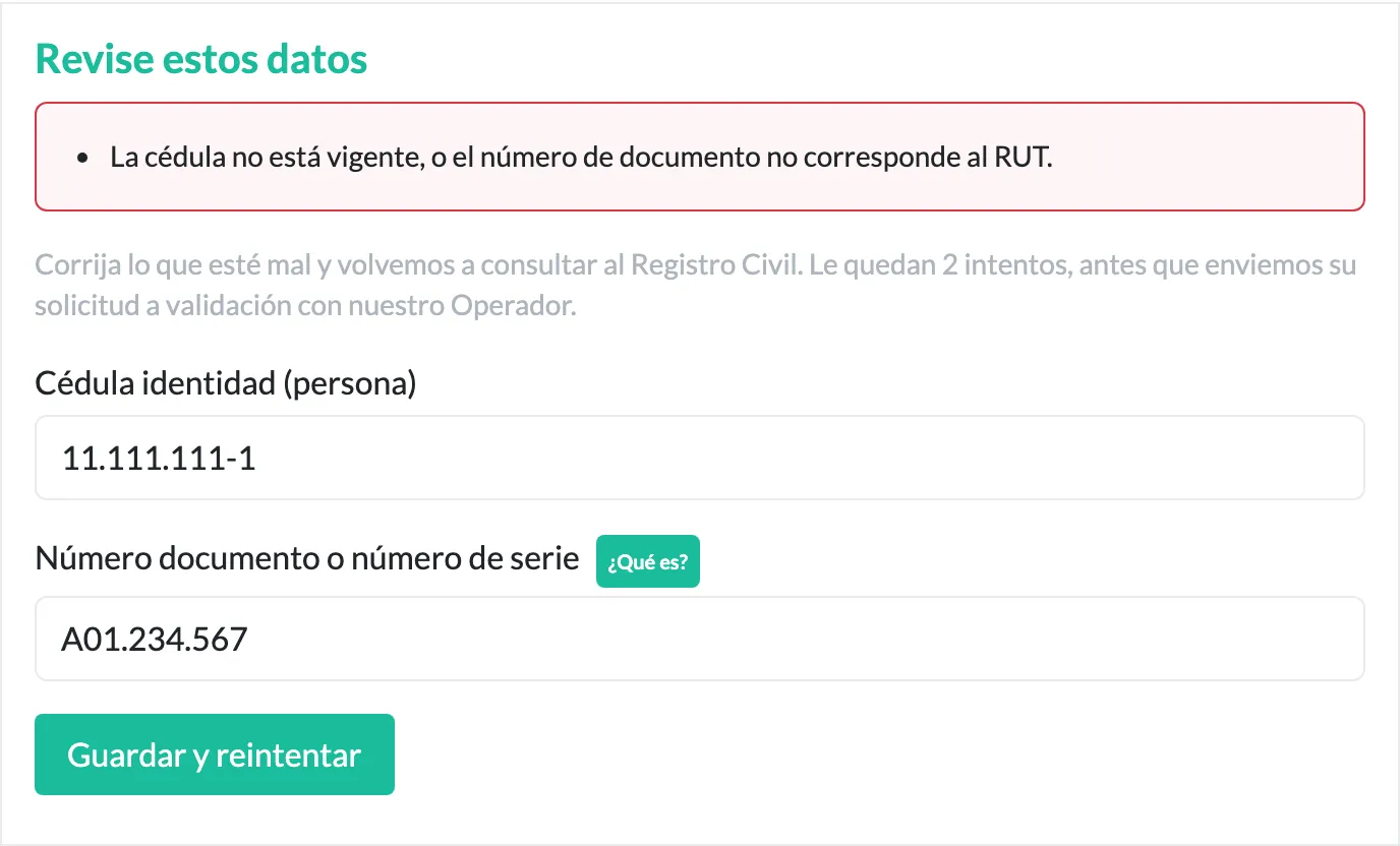 Pantalla «Revise estos datos» con el aviso de que la cédula no está vigente o el número de documento no corresponde al RUT, los campos de RUT y número de documento, y el botón «Guardar y reintentar»
