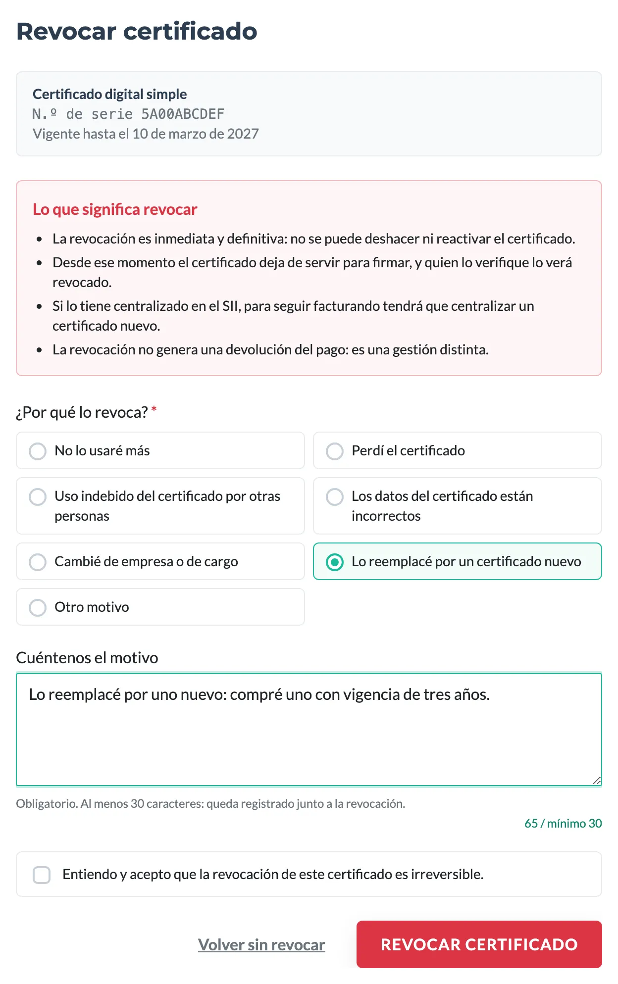 Pantalla «Revocar certificado» con el certificado elegido, el recuadro «Lo que significa revocar», las opciones de «¿Por qué lo revoca?», el campo «Cuéntenos el motivo», la casilla de aceptación y el botón «Revocar certificado»