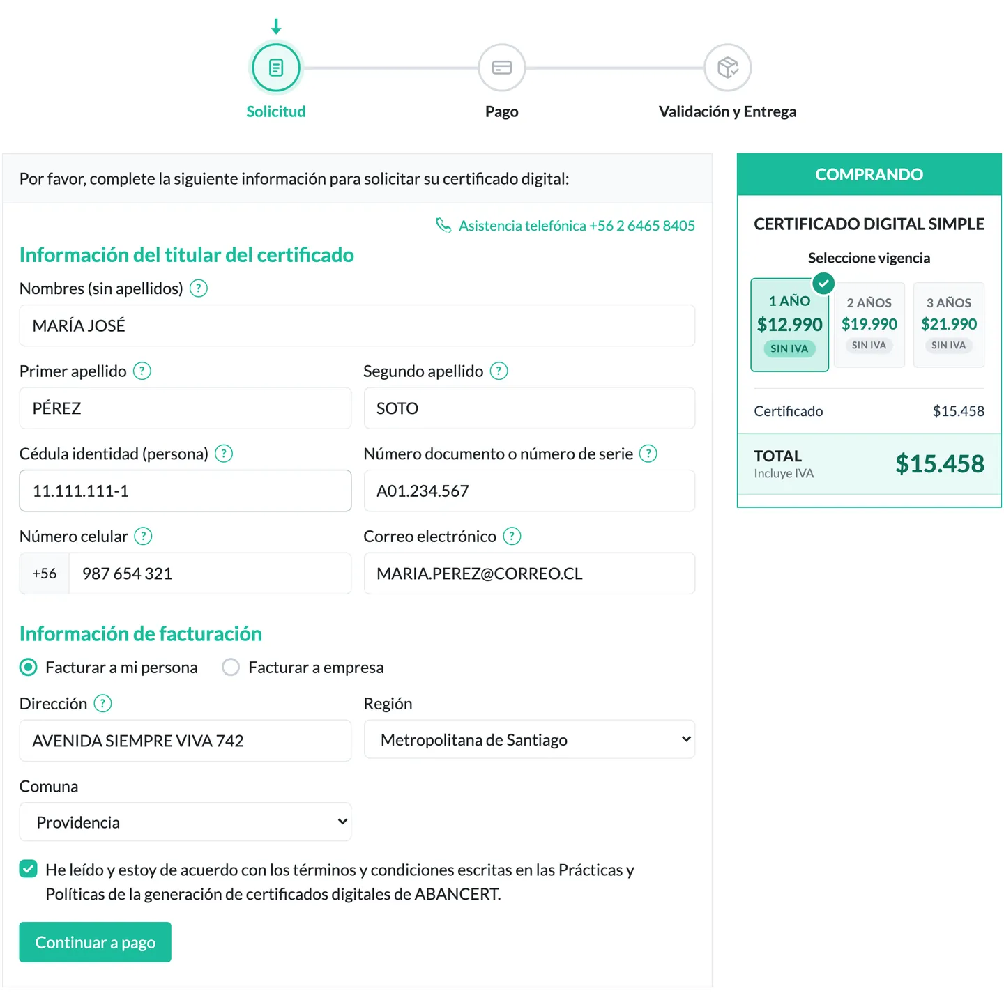 Formulario de solicitud del certificado digital simple con el indicador de pasos Solicitud, Pago y Validación y Entrega