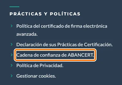 Pie de página del sitio de ABANCERT con el enlace «Cadena de confianza de ABANCERT» destacado