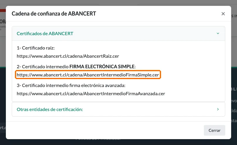 Ventana «Cadena de confianza de ABANCERT» con el enlace del certificado intermedio de firma electrónica simple destacado