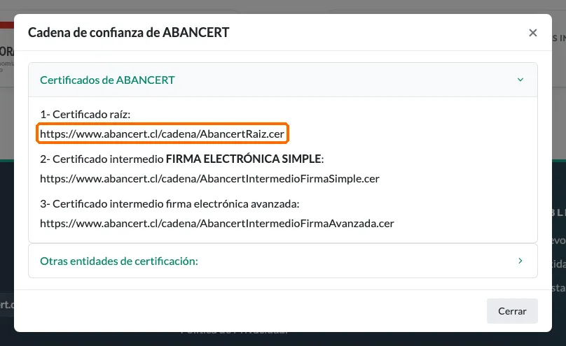 Ventana «Cadena de confianza de ABANCERT» con el enlace del certificado raíz destacado