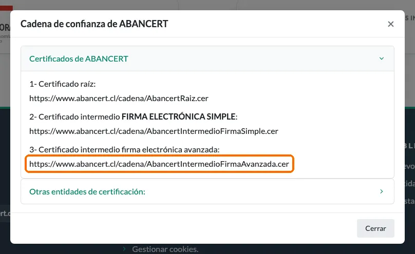 Ventana «Cadena de confianza de ABANCERT» con el enlace del certificado intermedio de firma electrónica avanzada destacado