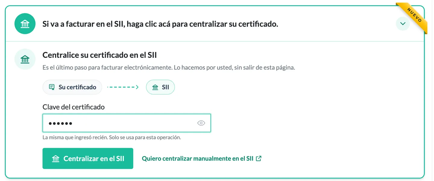 Formulario para centralizar en el SII con el campo «Clave del certificado» y el botón «Centralizar en el SII»
