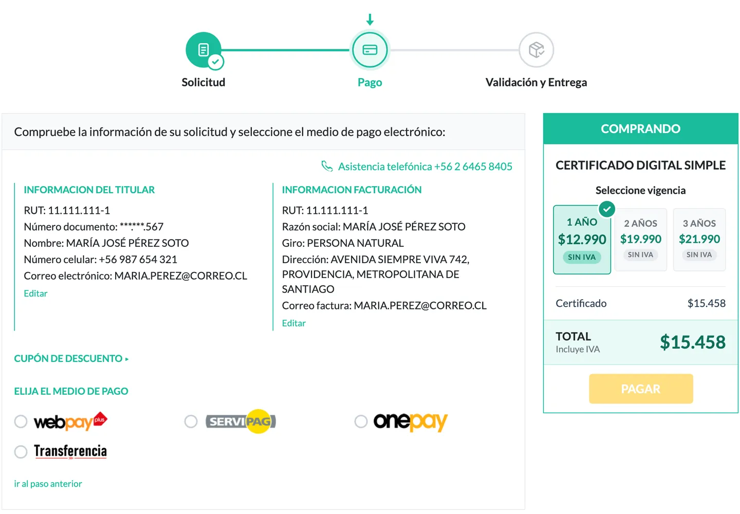 Paso de pago con los medios Webpay, Servipag, Onepay y Transferencia