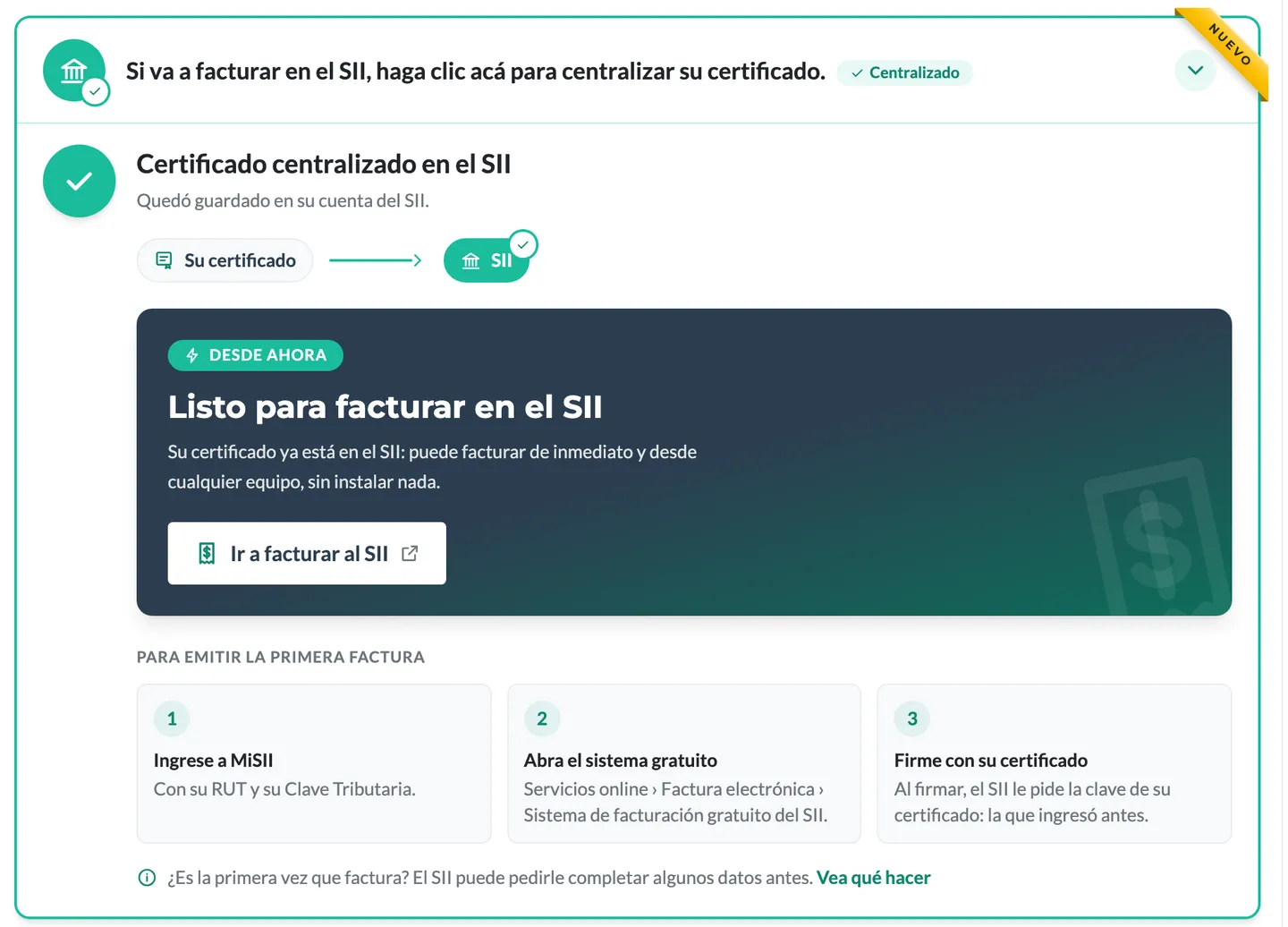 Mensaje «Certificado centralizado en el SII» con el botón «Ir a facturar al SII»
