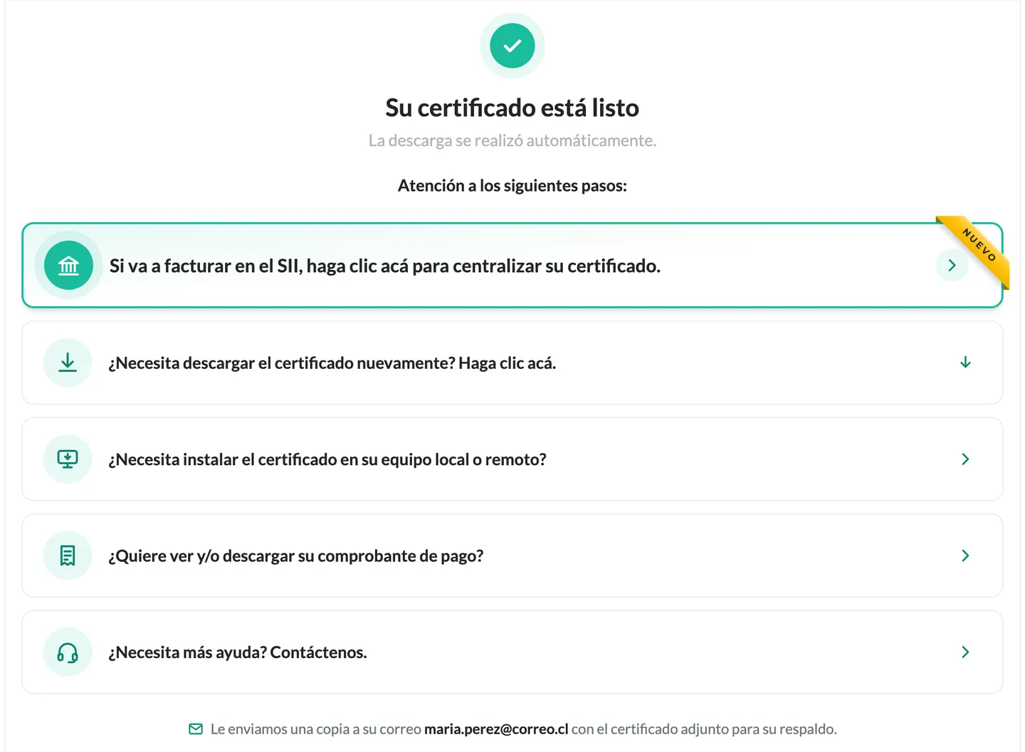 Pantalla «Su certificado está listo» con la opción destacada «Si va a facturar en el SII, haga clic acá para centralizar su certificado»