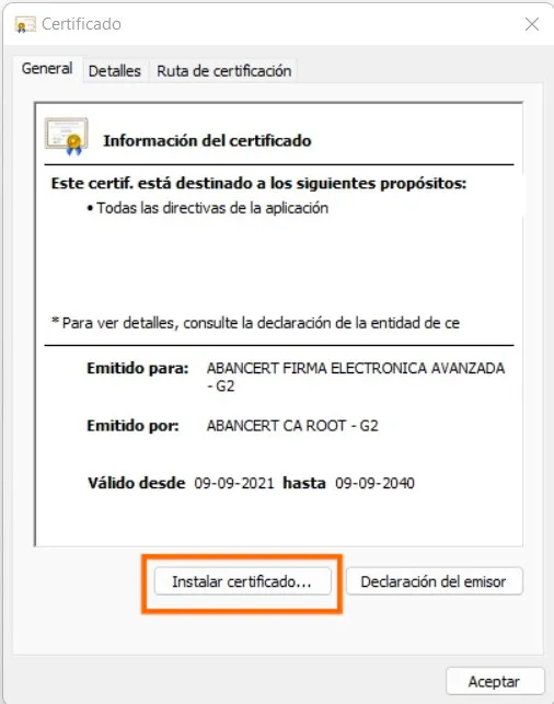 Ventana Certificado del intermedio de firma electrónica avanzada de ABANCERT, emitido por ABANCERT CA ROOT - G2, con el botón «Instalar certificado» destacado