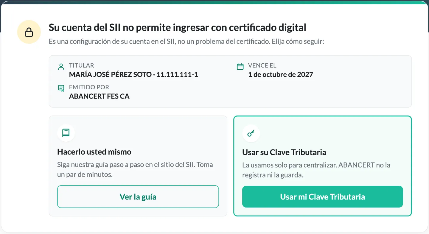 Aviso «Su cuenta del SII no permite ingresar con certificado digital» con las opciones de usar la Clave Tributaria o hacerlo manualmente