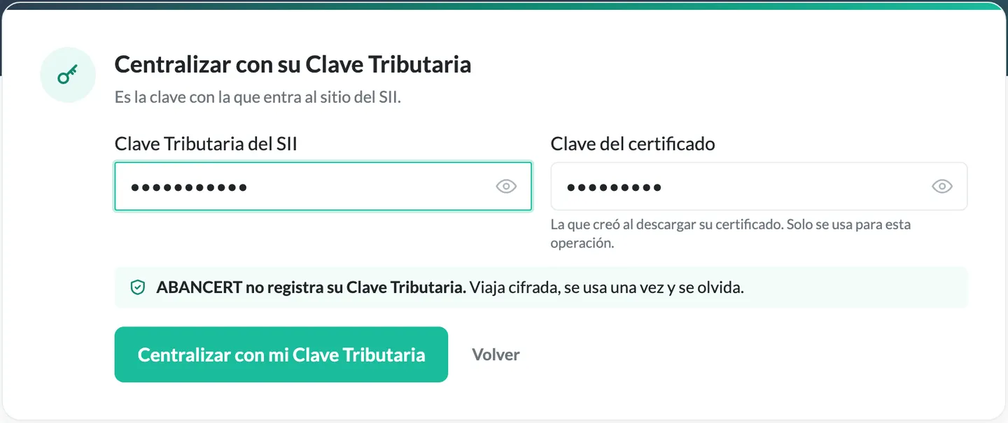 Campo «Clave Tributaria del SII» con el botón «Centralizar con mi Clave Tributaria» y el aviso de que ABANCERT no registra la Clave Tributaria