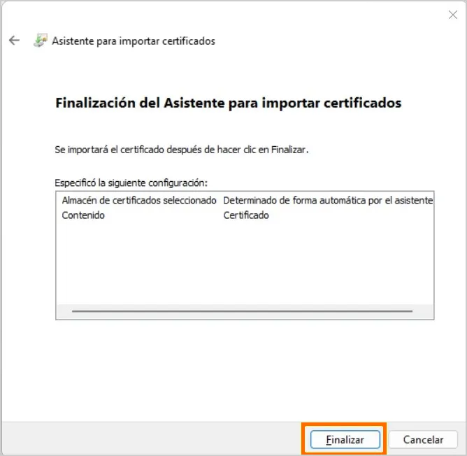 Pantalla de finalización del asistente para importar certificados con el botón Finalizar destacado