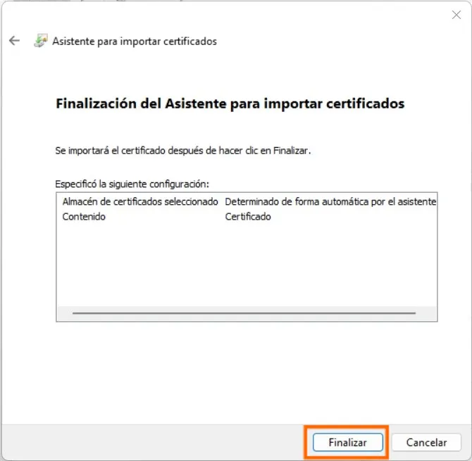 Pantalla de finalización del asistente para importar certificados con el botón Finalizar destacado