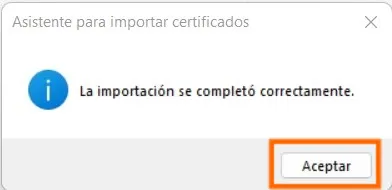 Mensaje de Windows: La importación se completó correctamente