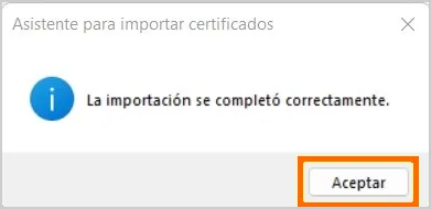 Mensaje de Windows: La importación se completó correctamente
