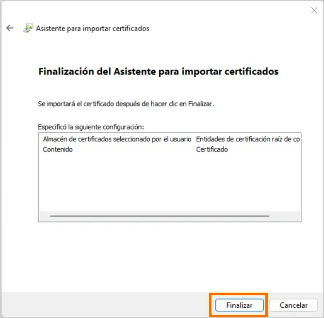 Pantalla de finalización del asistente para importar certificados con el botón Finalizar destacado