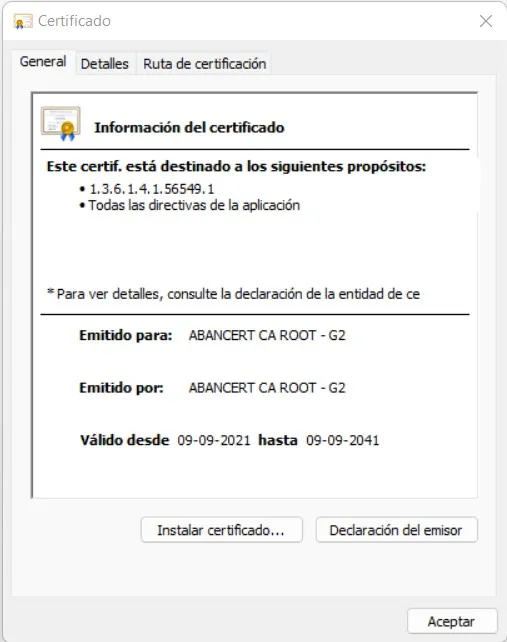 Ventana Certificado de ABANCERT CA ROOT - G2 ya instalado, que muestra los propósitos del certificado en lugar del aviso de confianza