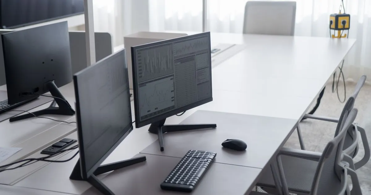 Puesto de trabajo de oficina con dos monitores y teclado, junto a una ventana