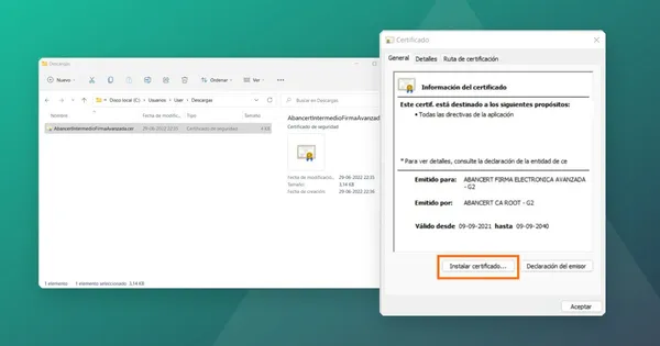 Ventana de Windows con el certificado intermedio de firma electrónica avanzada de ABANCERT, junto al archivo descargado en la carpeta Descargas